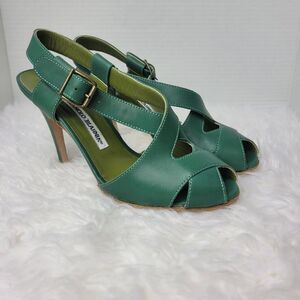 Manolo Blahnik Versilova Women's Heel Shoes Size 7.5 Dark Green Crisscross